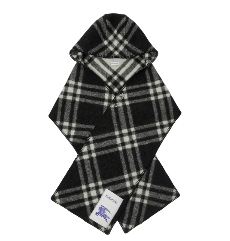 Checked wool hooded scarf