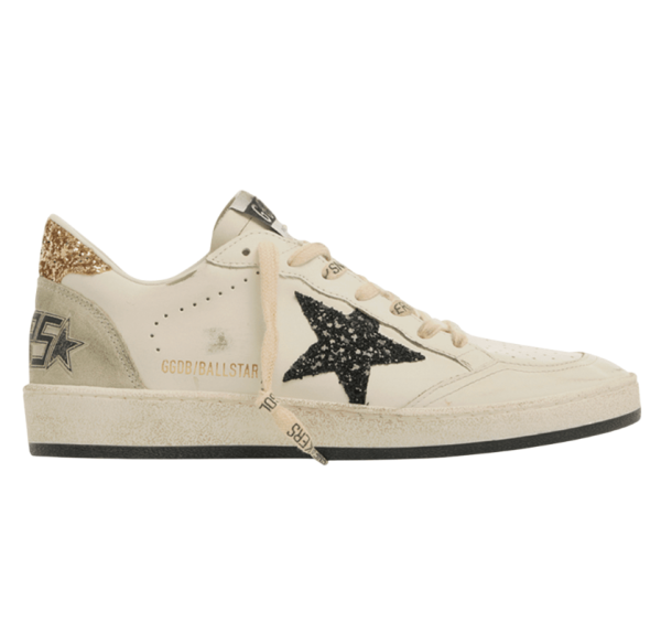 (W) Golden Goose Ball Star with Black Glitter and Gold Heel Tab White