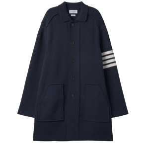 Thom Browne Cotton Cashmere Interlock 4-Bar Polo Collar Overcoat Navy