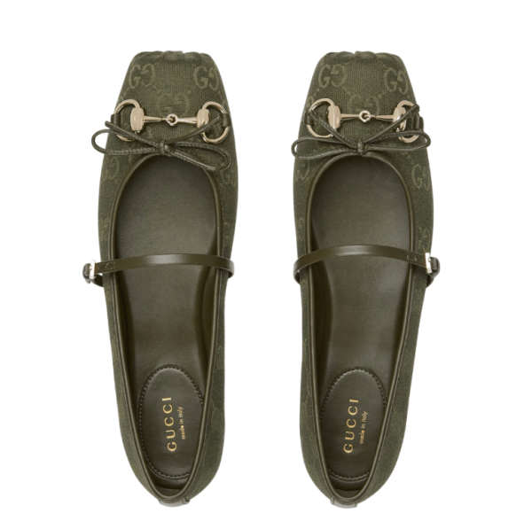 Gucci Horsebit ballet flat in dark green GG canvas