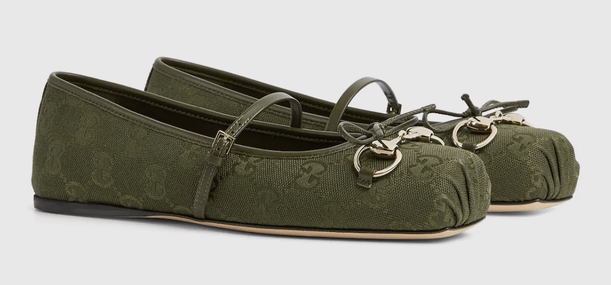 Gucci Horsebit ballet flat in dark green GG canvas