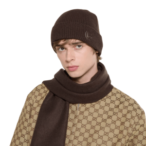 Cashmere hat with patch in dark brown