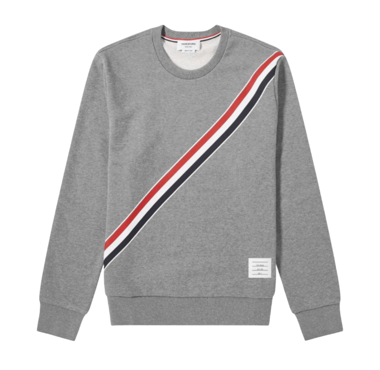 Thom Browne Classic Cotton Loopback Printed Multicolor Diagonal Stripe Relaxed Fit Crewneck Sweatshirt Medium Grey