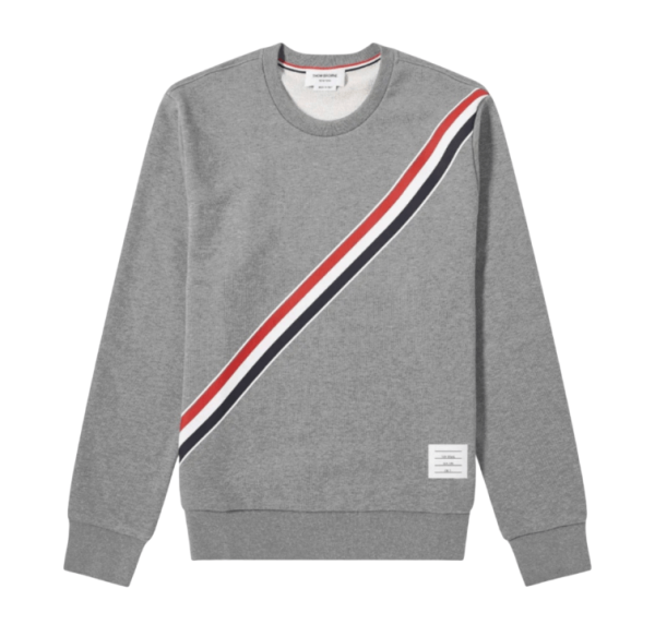 Thom Browne Classic Cotton Loopback Printed Multicolor Diagonal Stripe Relaxed Fit Crewneck Sweatshirt Medium Grey