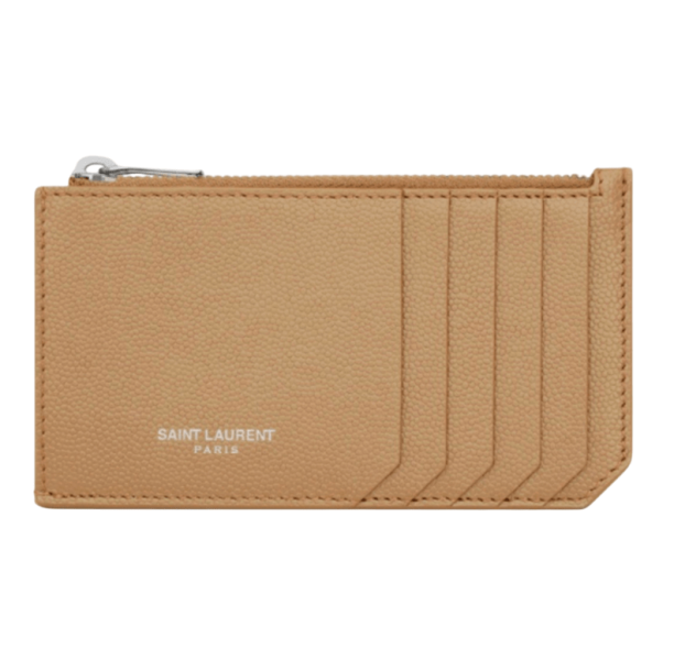 Saint Laurent Paris Fragment Zipped Credit Card Case in Grain de Poudre Embossed Leather Teak Wood