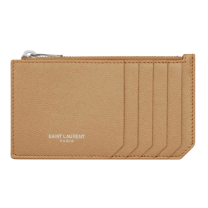 Saint Laurent Paris Fragment Zipped Credit Card Case in Grain de Poudre Embossed Leather Teak Wood