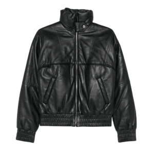Black leather puffer jacket with asymmetric flap