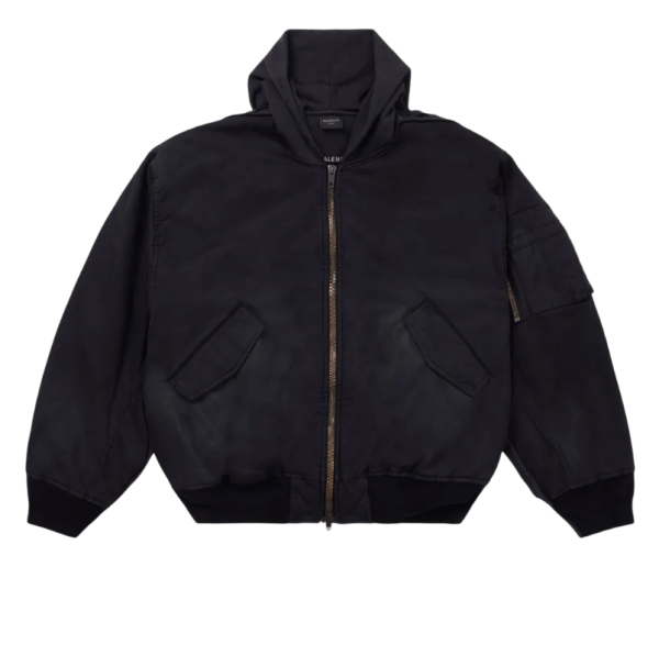 Distressed hooded cotton bomber jacket