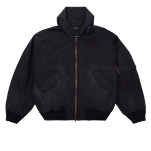 Distressed hooded cotton bomber jacket