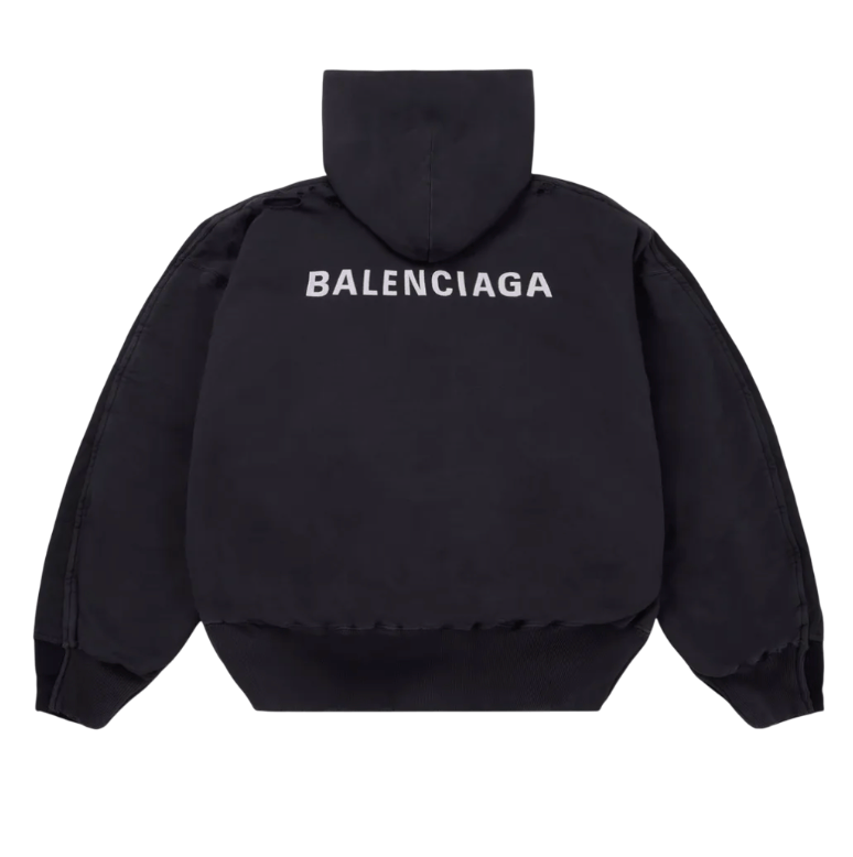 Distressed hooded cotton bomber jacket