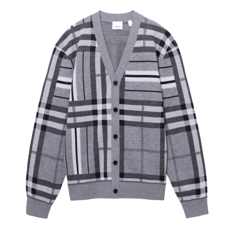 Burberry Check and Stripe Wool Jacquard Cardigan Grey