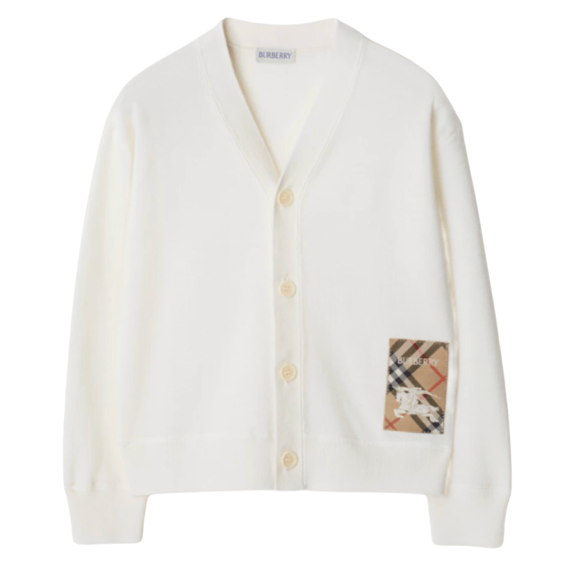 (Kids) Burberry Check Label Wool Cardigan Ivory