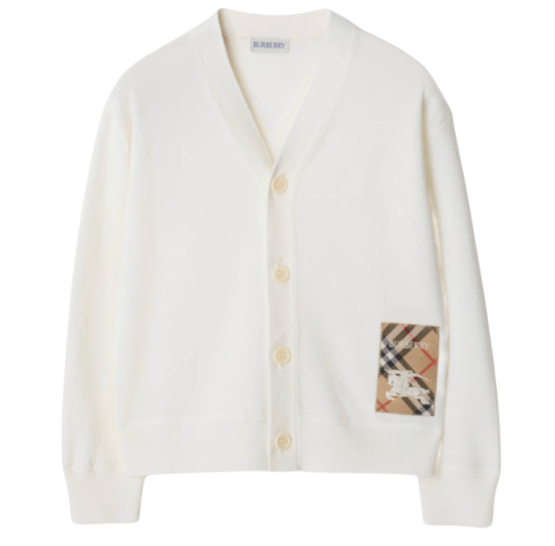 (Kids) Burberry Check Label Wool Cardigan Ivory