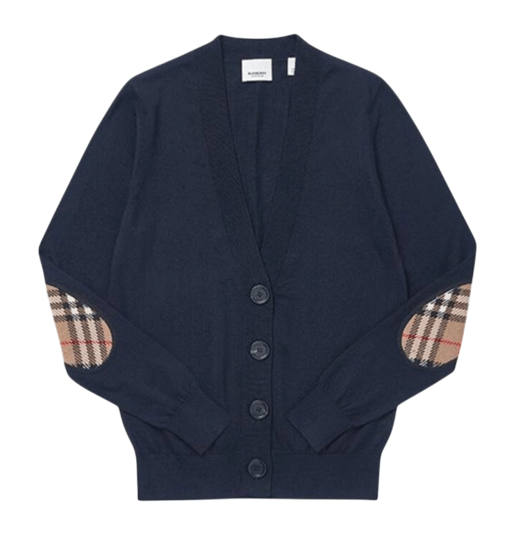 (W) Burberry Dornoch Check Patch Merino Wool Cardigan Navy