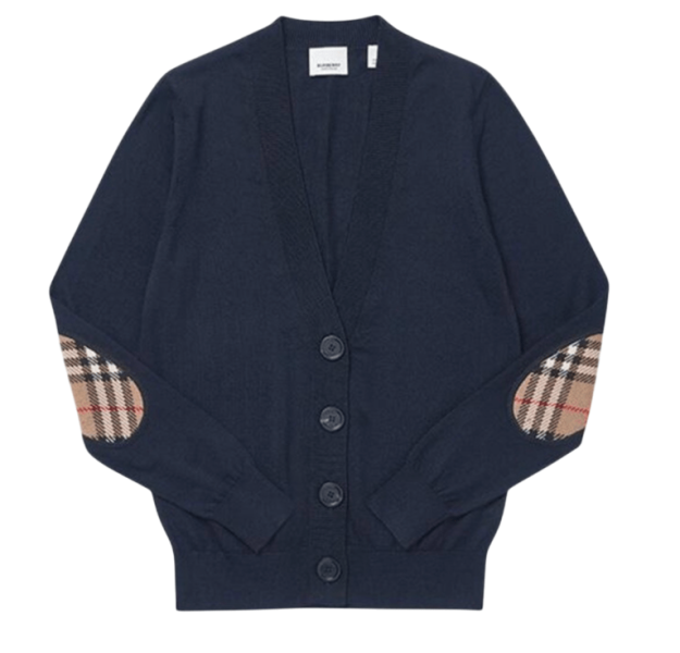 (W) Burberry Dornoch Check Patch Merino Wool Cardigan Navy
