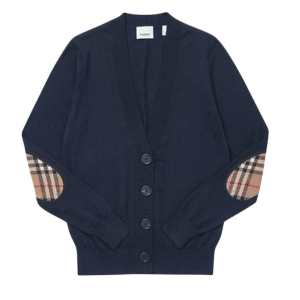 (W) Burberry Dornoch Check Patch Merino Wool Cardigan Navy