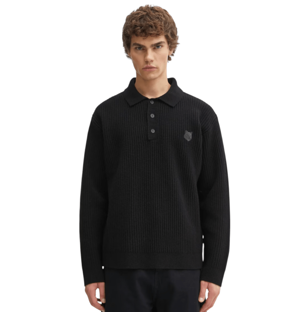 Maison Kitsune Fox Head Wool Ribbed Polo Jumper Black