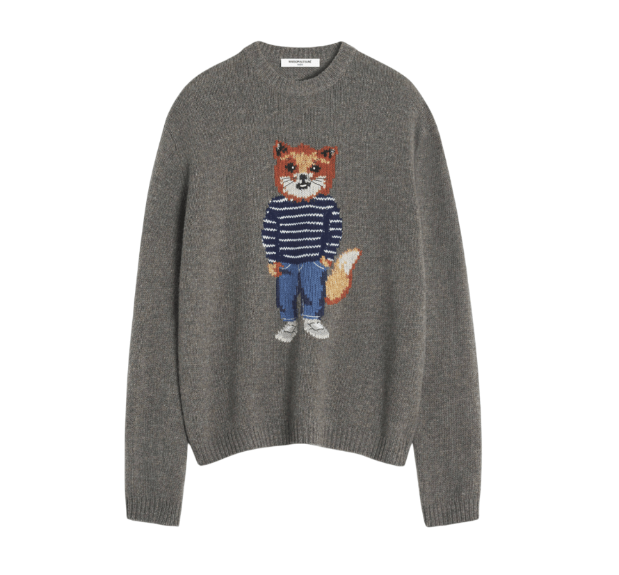 Maison Kitsune Dressed Fox Intarsia Wool Jumper Dark Grey Melange