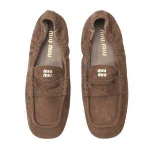 (W) Miu Miu Ruches Suede Loafers Oak