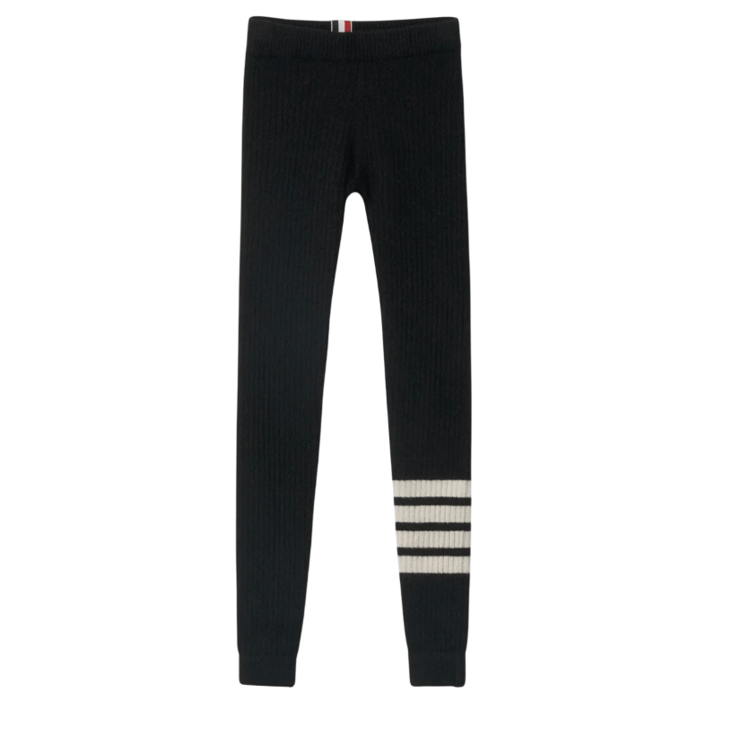 (W) Thom Browne Wool Cashmere Rib 4-Bar Seamless Leggings Black