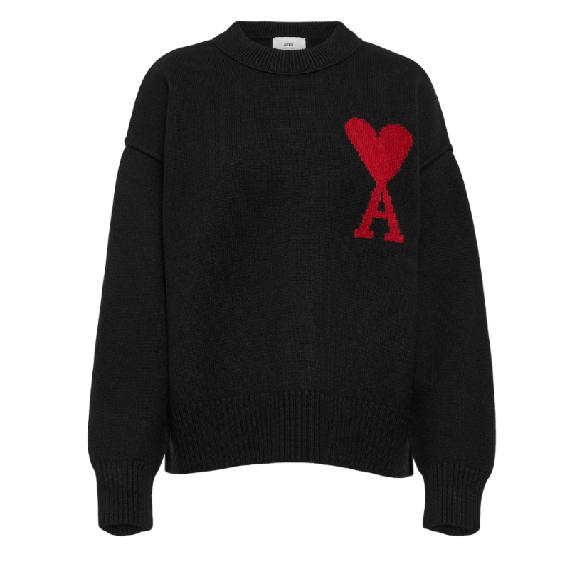 AMI De Coeur Felted Merino Wool Sweater Heather BLACK Red