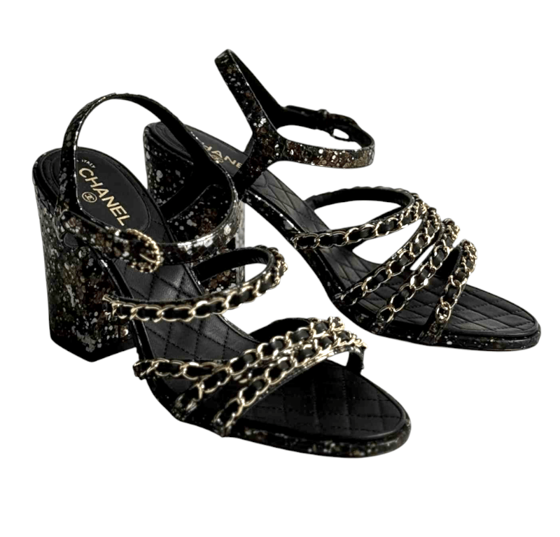 Chanel CC Logo Chain Link Ankle Strap Sandal Heel