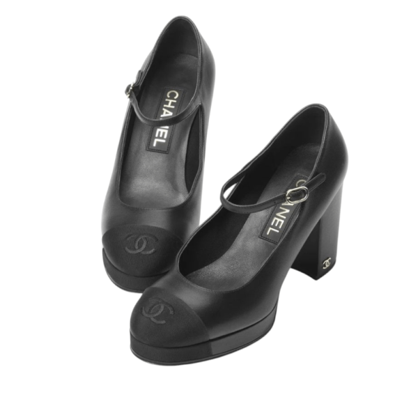 Chanel Black Lambskin Leather Platform Block Heel Mary
