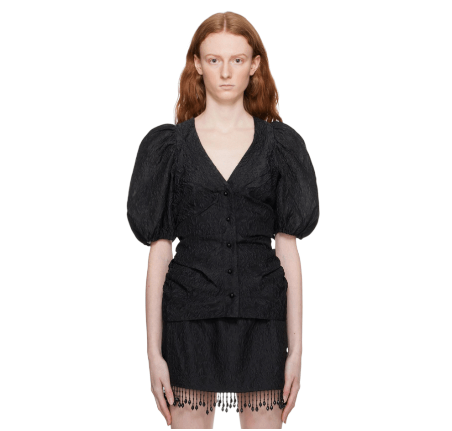 Ganni jacquard with puff sleeves blouse - Black