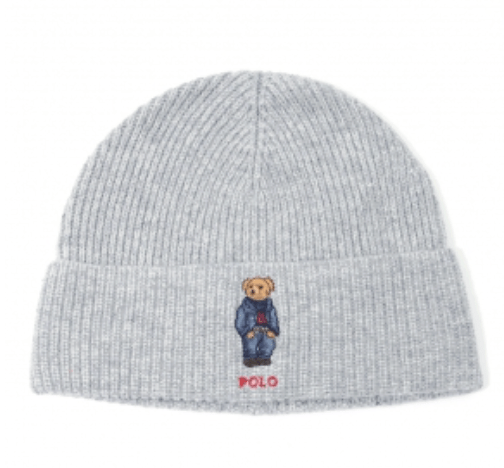 Polo Bear Ribbed Knit Beanie Grey