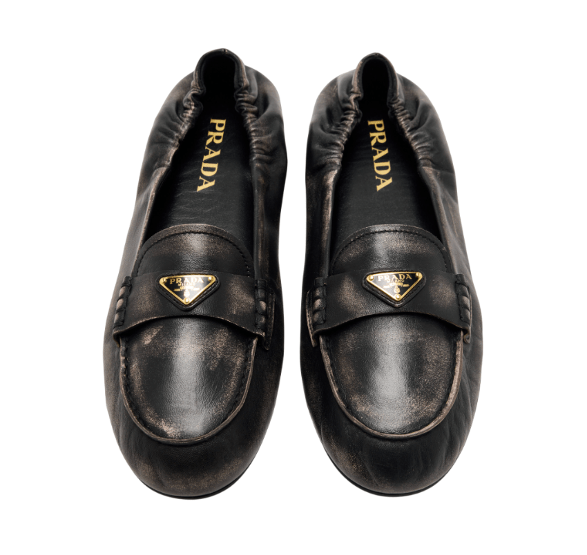 PRADA Triangle Logo Vintage-Effect Leather Loafers