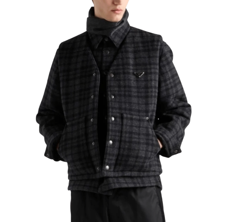 Prada Virgin Wool Checked Shirt Jacket with logo
