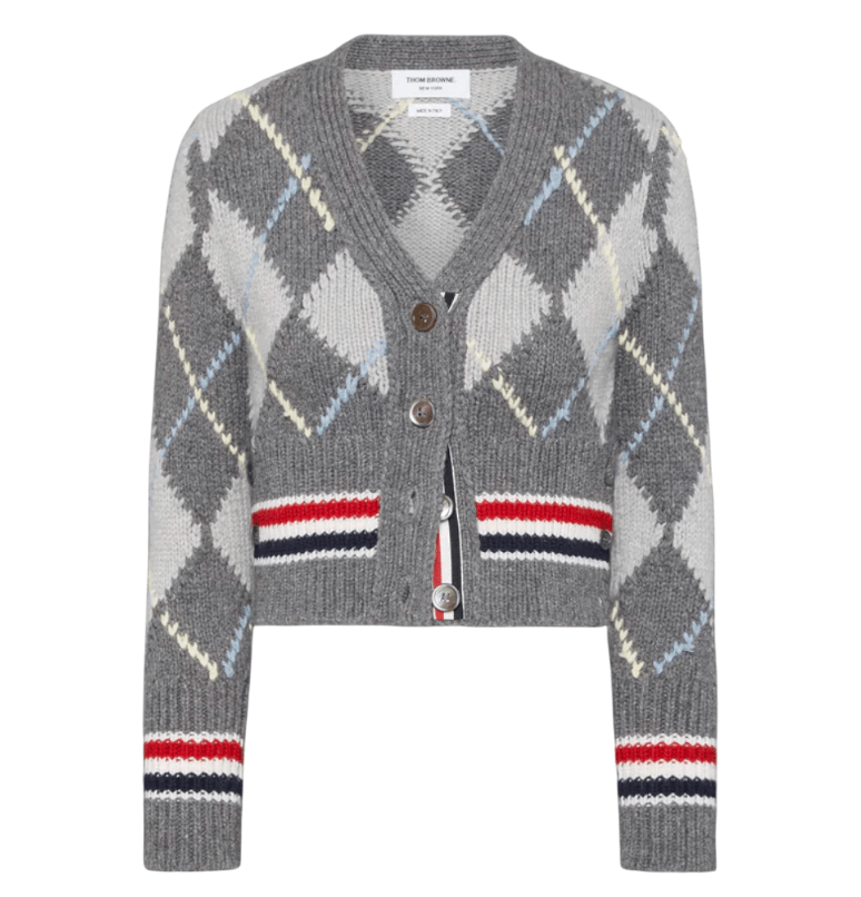 Argyle Intarsia Merino Wool Shrunken Cardigan