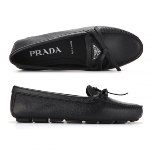 (W) Prada Saffiano Leather Driving Loafers Black