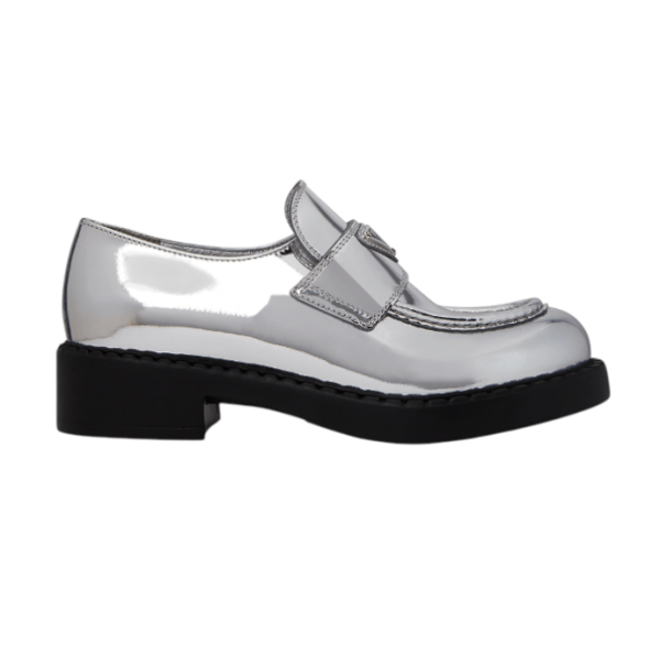 (W) Prada Triangle Logo Loafers Silver