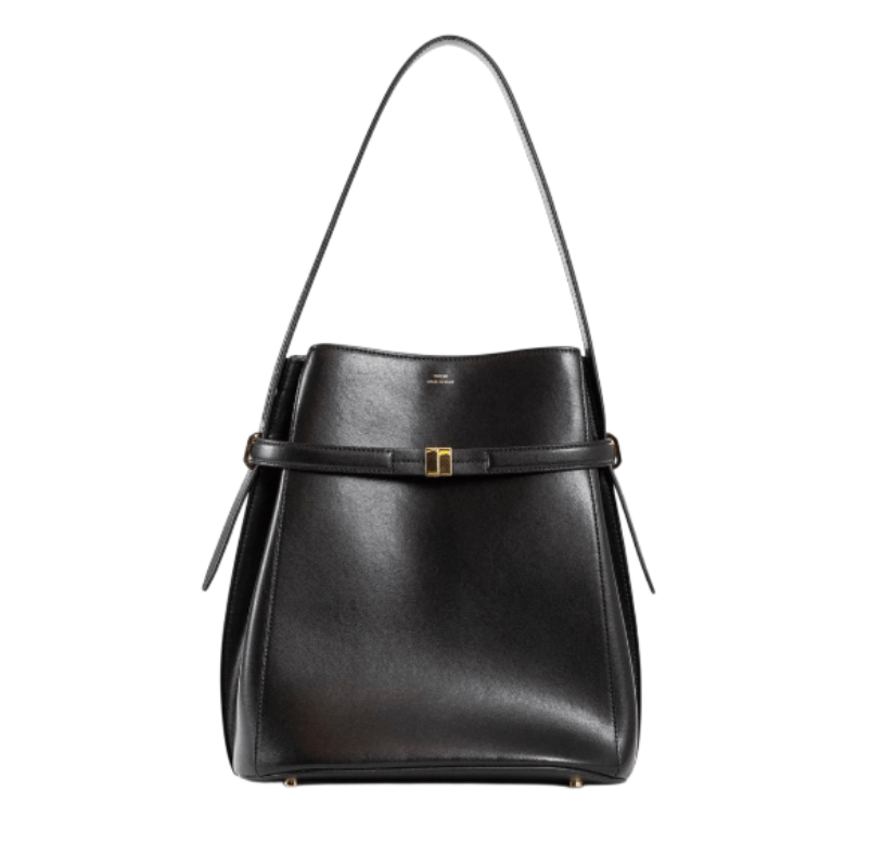 Belted leather bucket bag