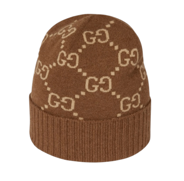 (W) Gucci GG Cashmere Jacquard Hat Dark Brown Beige