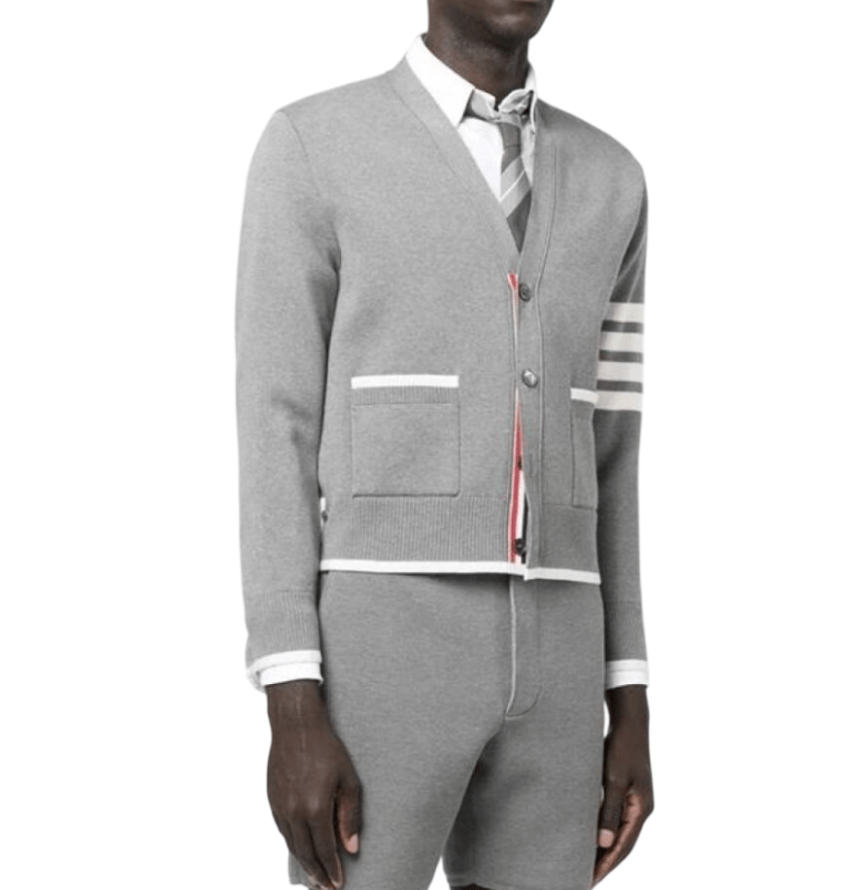 Thom Browne Milano Stitch Cotton 4-Bar Boxy V-Neck Cardigan Light Grey