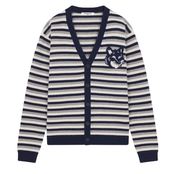 Maison Kitsune Fox Head Intarsia Striped Comfort Cardigan Navy White