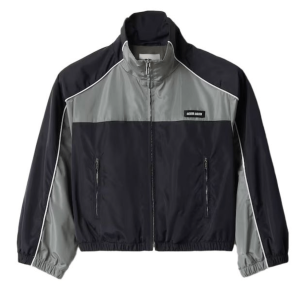 (W) Miu Miu Technical Silk Zipper Blouson Jacket Blue Lead Grey