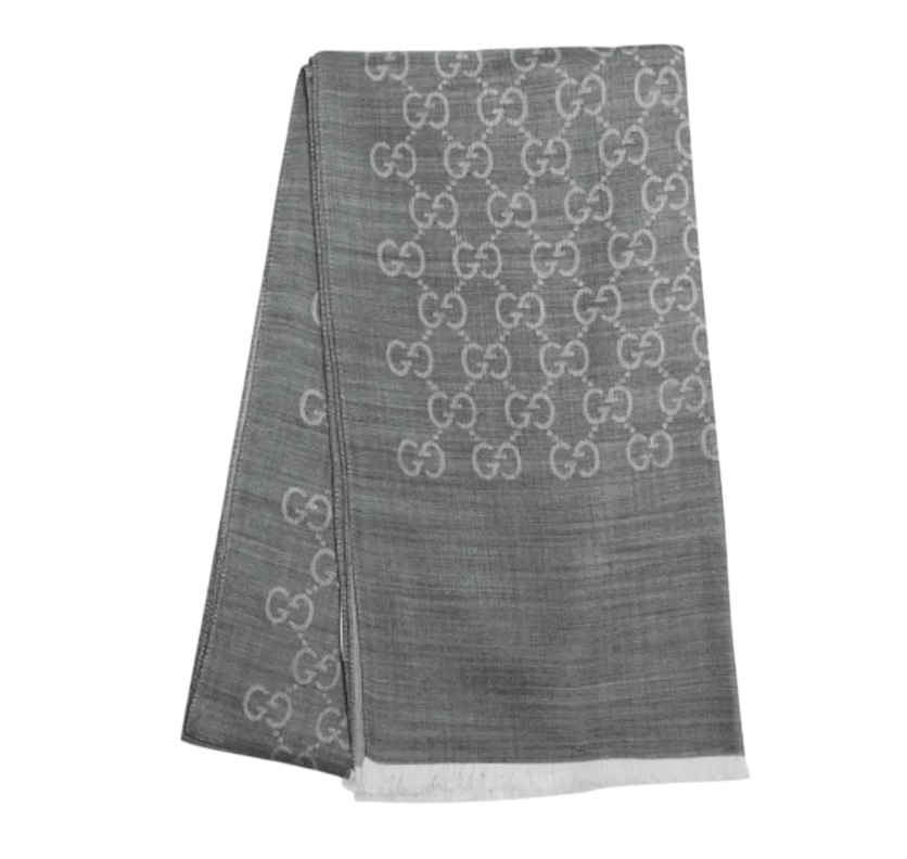 (W) Gucci GG Wool Silk Jacquard Scarf Grey