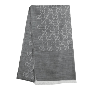 (W) Gucci GG Wool Silk Jacquard Scarf Grey