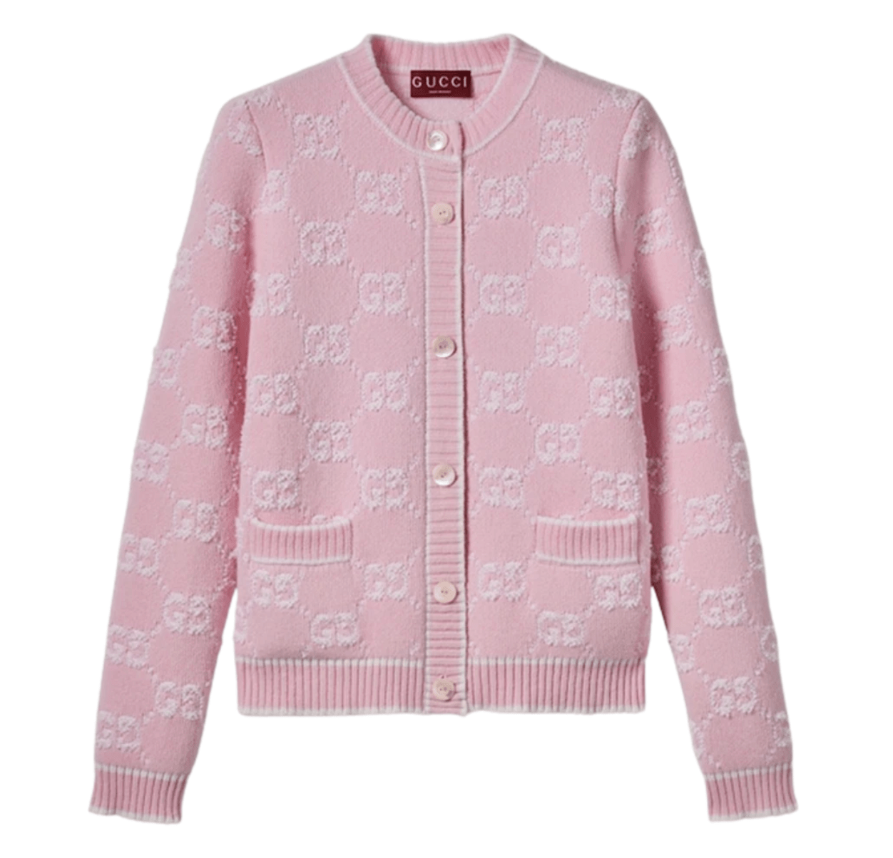 (W) Gucci GG Wool Boucle Jacquard Cardigan Light Pink White