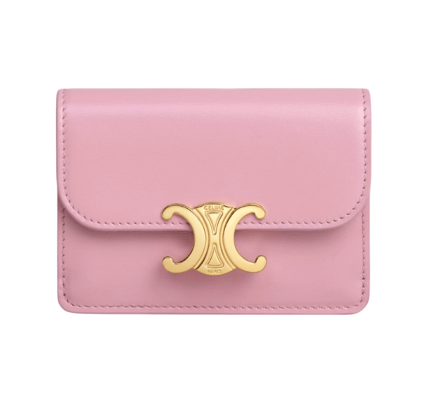 Celine Card Holder with Flap Triomphe in Shiny Calfskin Silk Pink