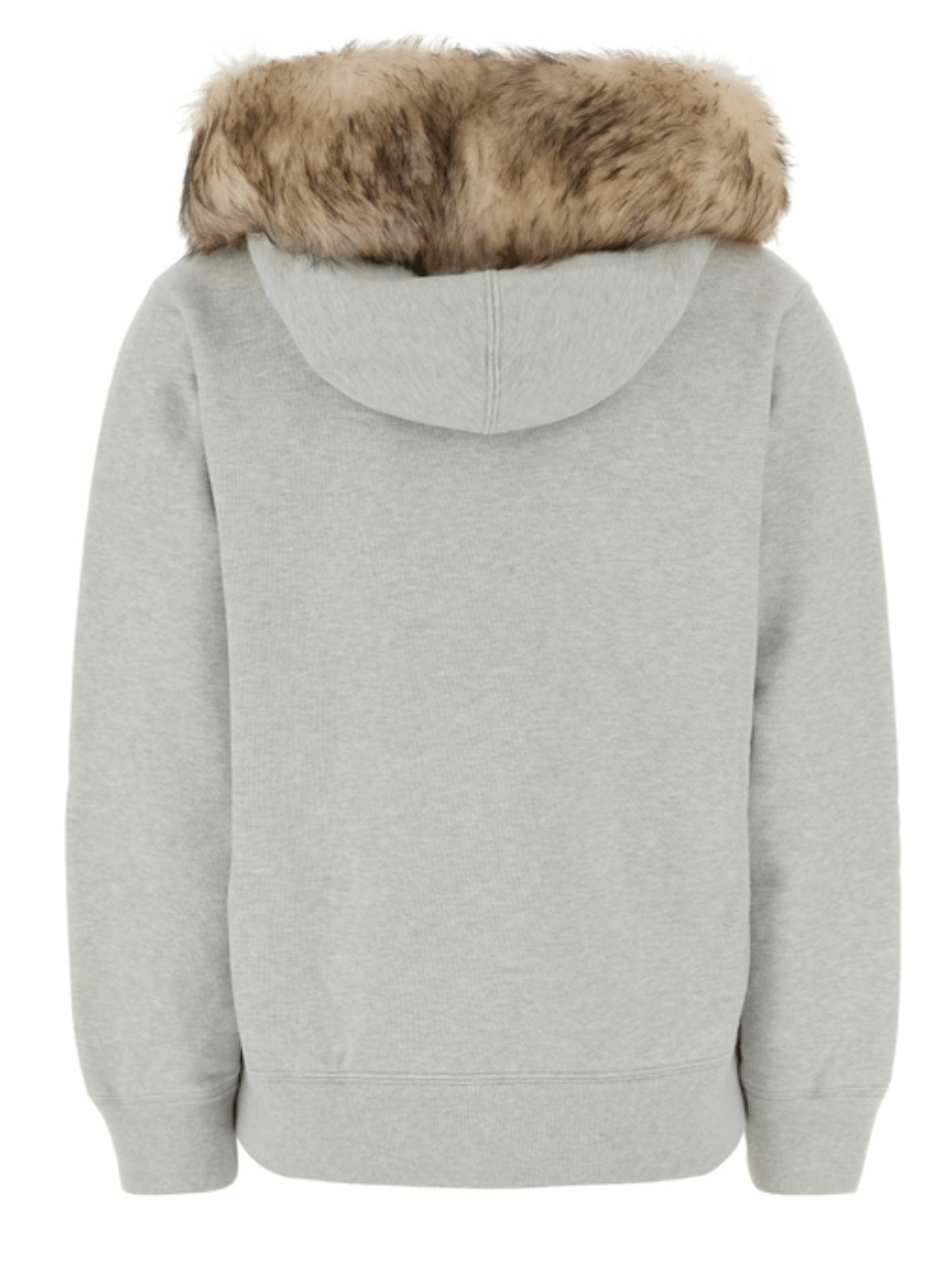 Prada light grey cotton hooded sweatshirt with faux fur trim