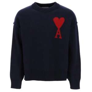 AMI De Coeur Felted Merino Wool Sweater Night Blue Red
