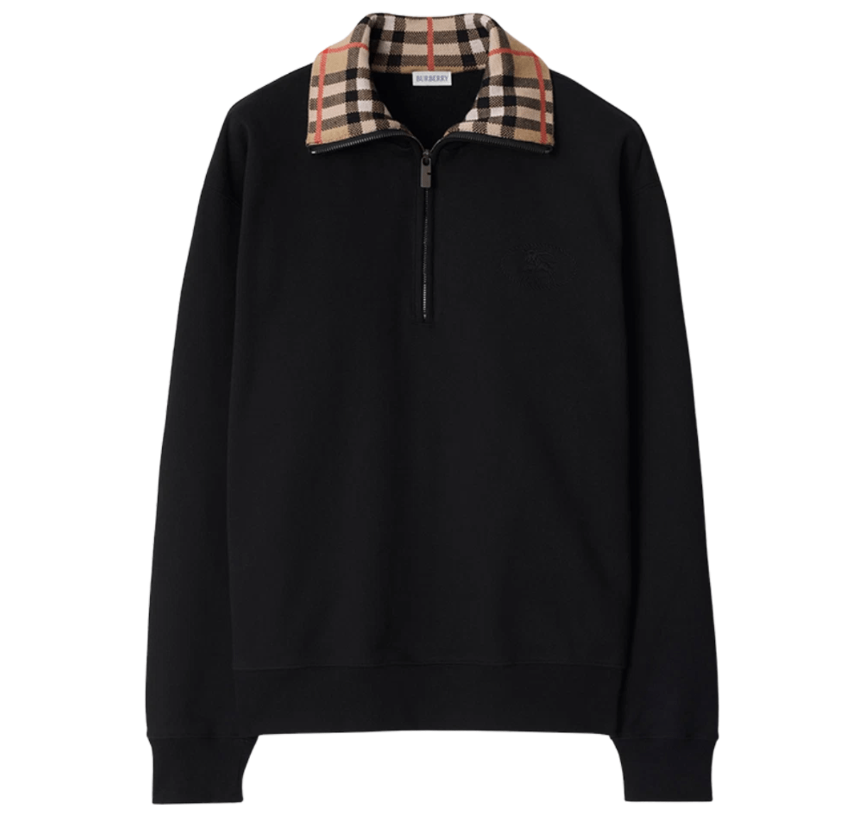 Burberry Check Collar Cotton Half Zip Sweatshirt Black