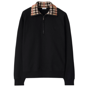 Burberry Check Collar Cotton Half Zip Sweatshirt Black