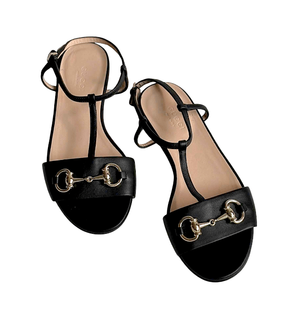 Gucci Shoes Horsebit Black Leather Ankle Tie T Strap Flat