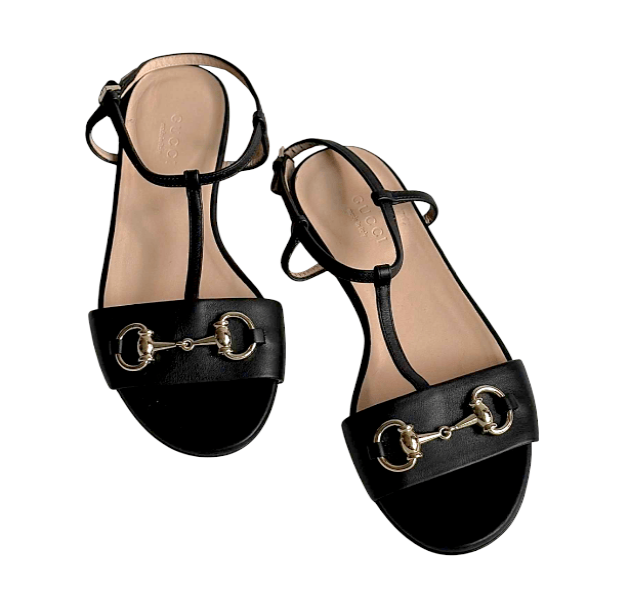 Gucci Shoes Horsebit Black Leather Ankle Tie T Strap Flat