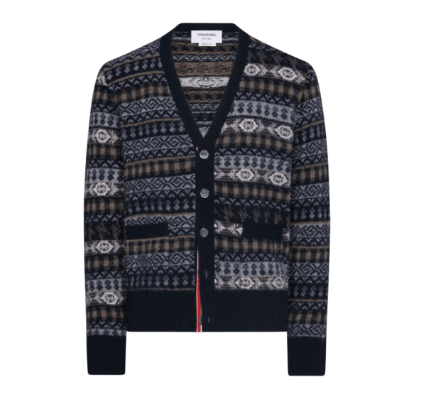 Thom Browne Brushed Shetland and Merino Wool Funmix Fair Aile Jacquard V-Neck Cardigan Navy